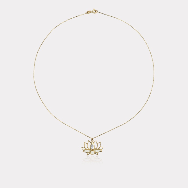 Sarı Altın Taşlı Lotus Figürlü Kolye