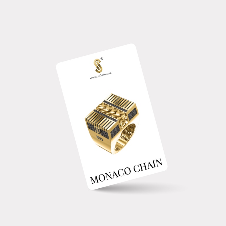 Monaca Chain Sarı Altın Siyah Taşlı Yüzük